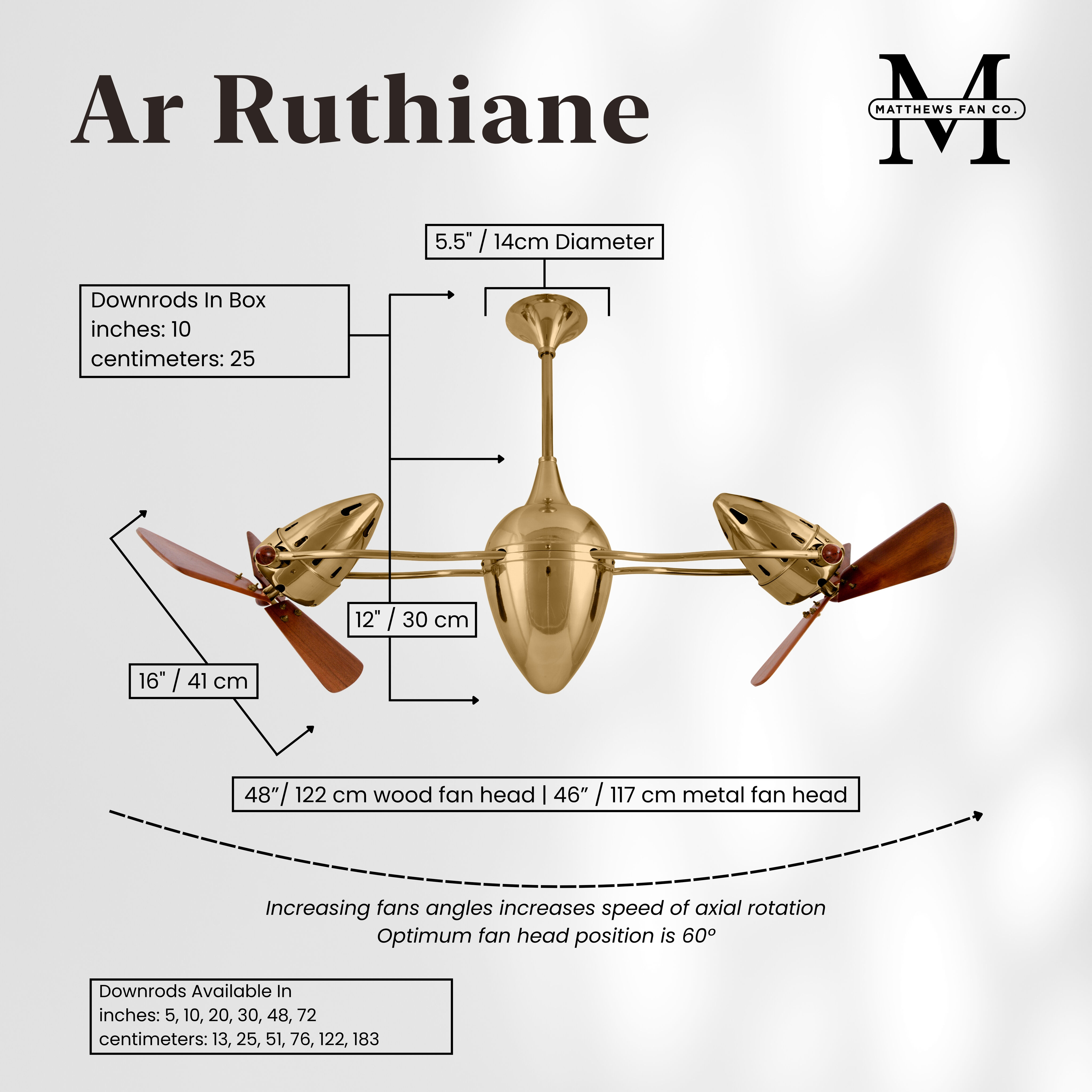 Matthews-Gerbar Ar Ruthiane 16 inch Polished Brass with Solid Mahogany Wood Blades Rotational Ceiling Fan, Matthews-Gerbar