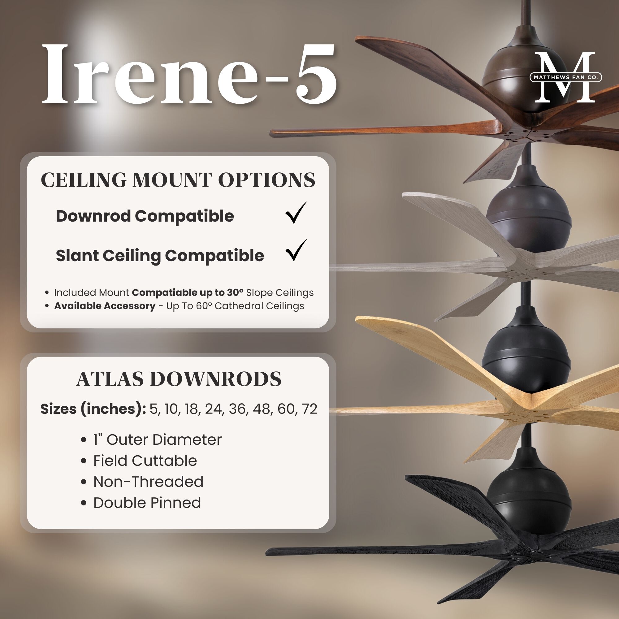 Atlas Irene-5 52 inch Matte Black with Barn Wood Tone Blades Paddle Fan, Paddle Fan