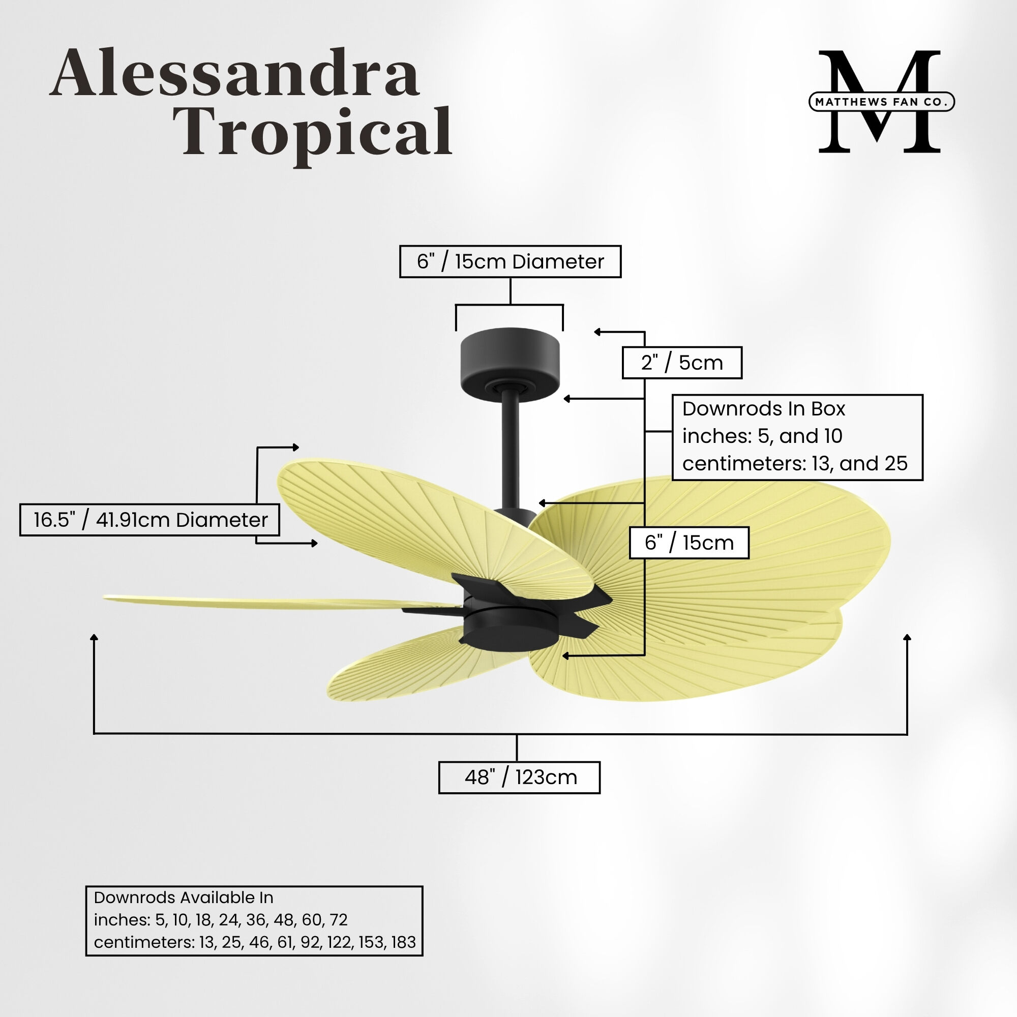 Atlas Alessandra Tropical 48 inch Matte Black with Light Yellow Blades Ceiling Fan