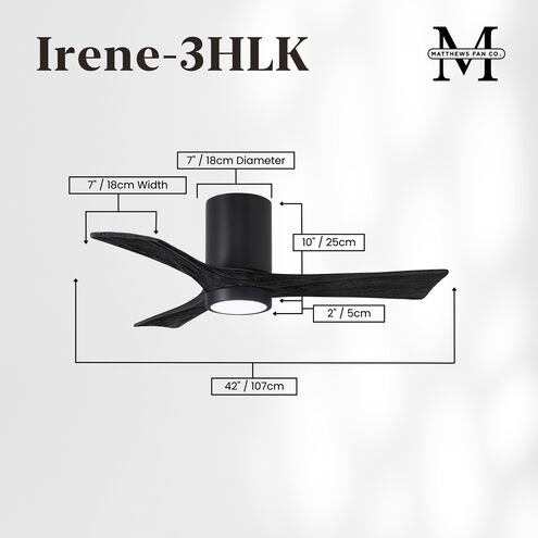 Atlas Irene-3HLK 42 inch Matte Black Ceiling Fan, Flush Mounted