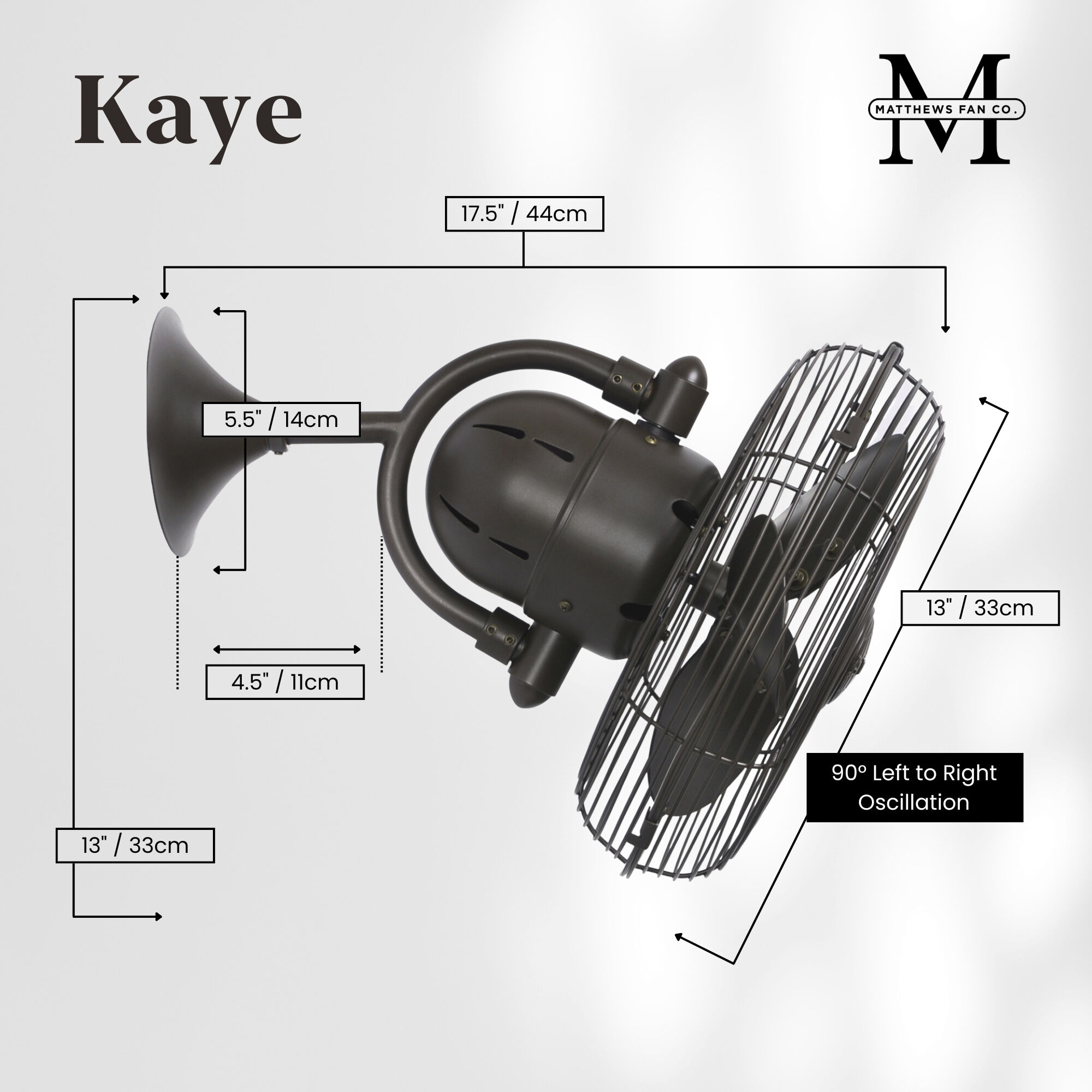 Atlas Kaye 17.5 inch Textured Bronze Oscillating Wall Fan, Atlas