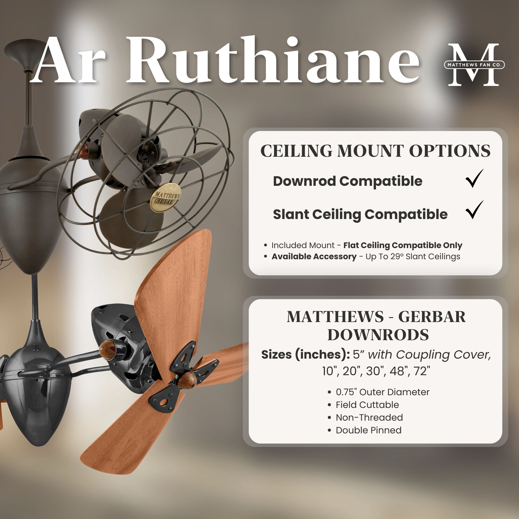 Matthews-Gerbar Ar Ruthiane 16 inch Polished Brass with Solid Mahogany Wood Blades Rotational Ceiling Fan, Matthews-Gerbar