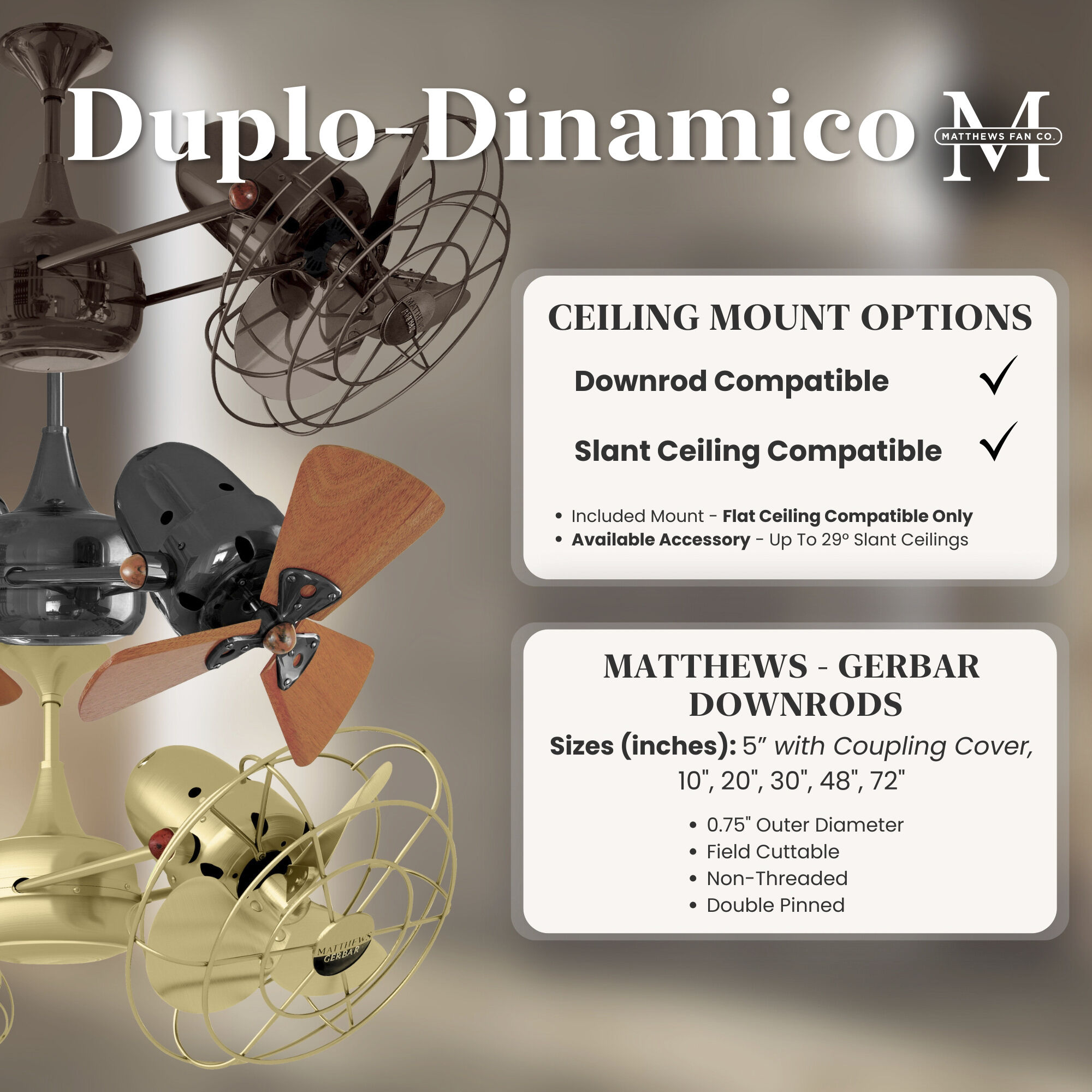 Matthews-Gerbar Duplo-Dinamico 16 inch Gloss White with Solid Mahogany Wood Blades Rotational Ceiling Fan, Matthews-Gerbar