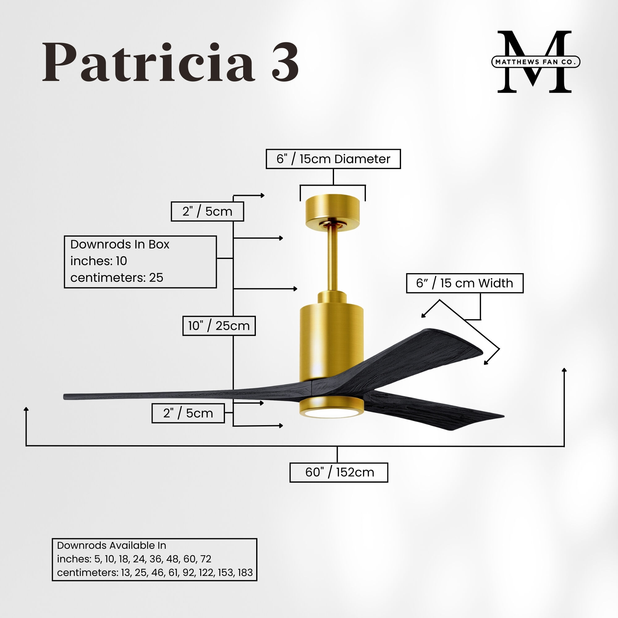 Atlas Patricia-3 60 inch Brushed Brass with Matte Black Blades Ceiling Fan