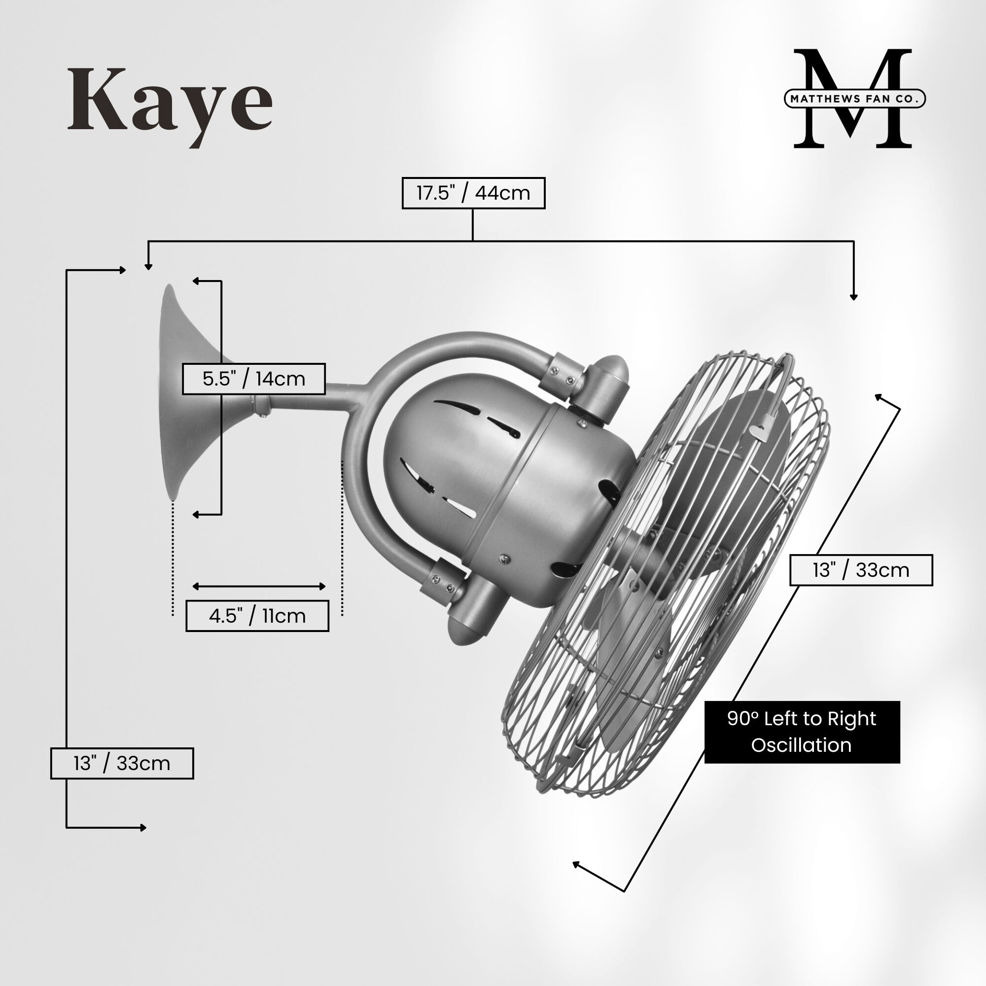 Atlas Kaye 17.5 inch Brushed Nickel Oscillating Wall Fan, Atlas