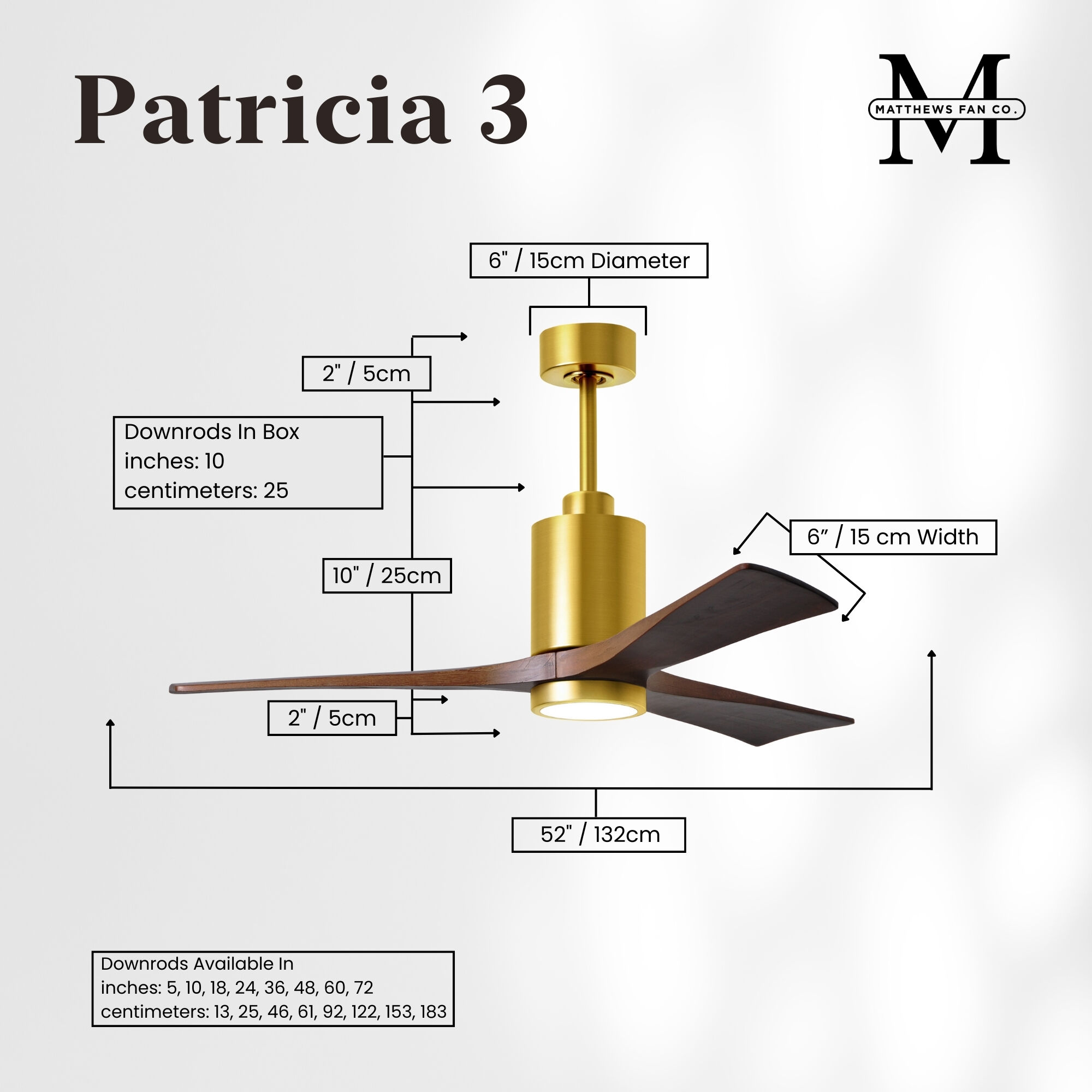 Atlas Patricia-3 52 inch Brushed Brass with Walnut Tone Blades Ceiling Fan