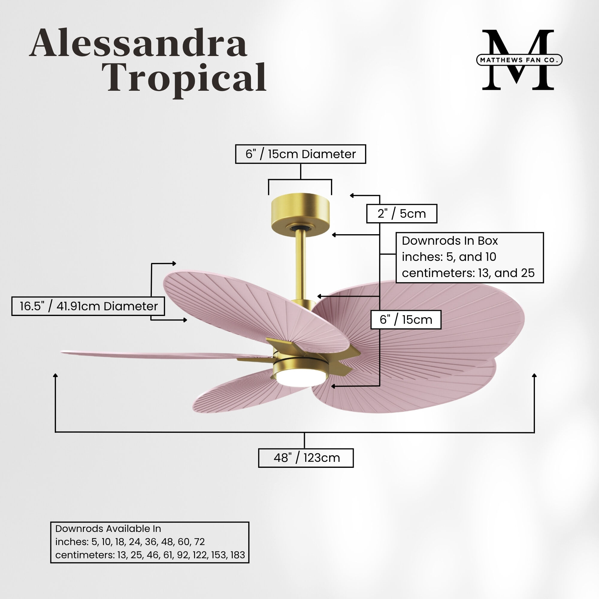 Atlas Alessandra Tropical - LK 48 inch Brushed Brass with Light Pink Blades Ceiling Fan