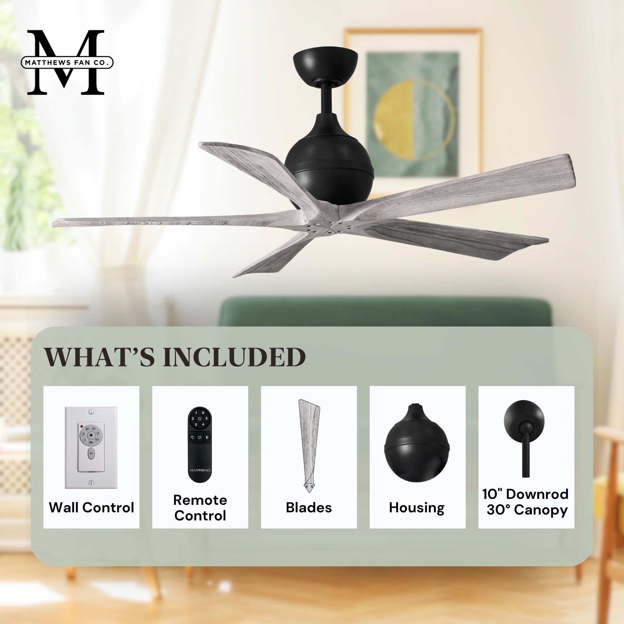 Atlas Irene-5 52 inch Matte Black with Barn Wood Tone Blades Paddle Fan, Paddle Fan
