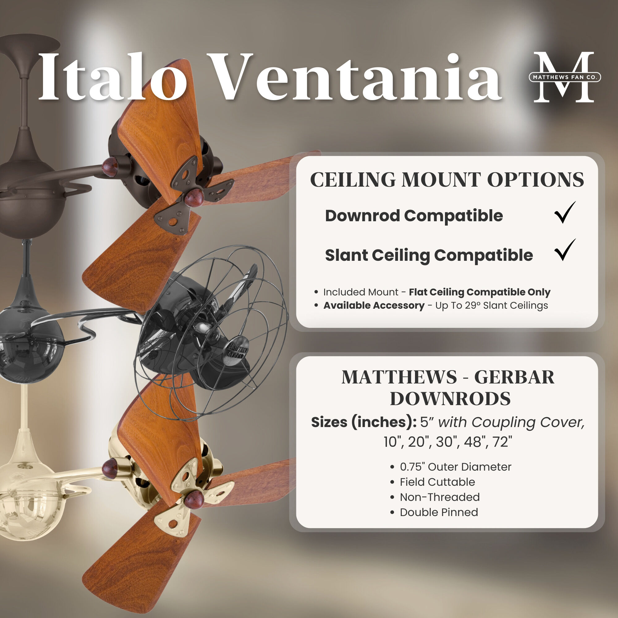 Matthews-Gerbar Italo Ventania 13 inch Polished Copper Rotational Ceiling Fan, Matthews-Gerbar