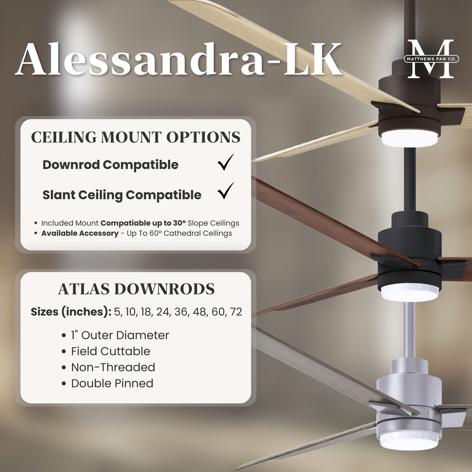 Atlas Alessandra - LK 56 inch Textured Bronze with Matte Black Blades Ceiling Fan
