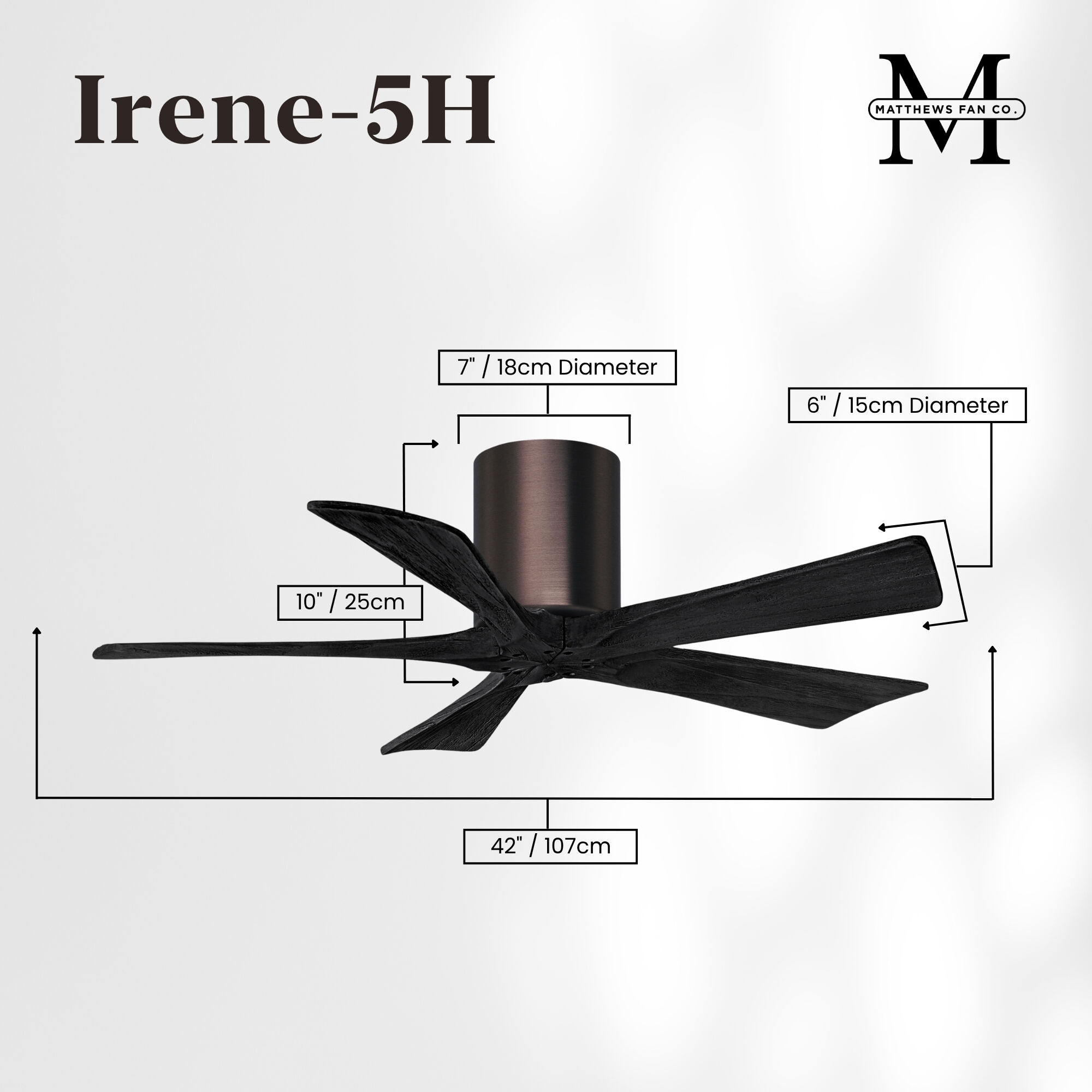 Atlas Irene-5H 42 inch Brushed Bronze with Matte Black Blades Flush Mount Paddle Fan, Flush Mounted