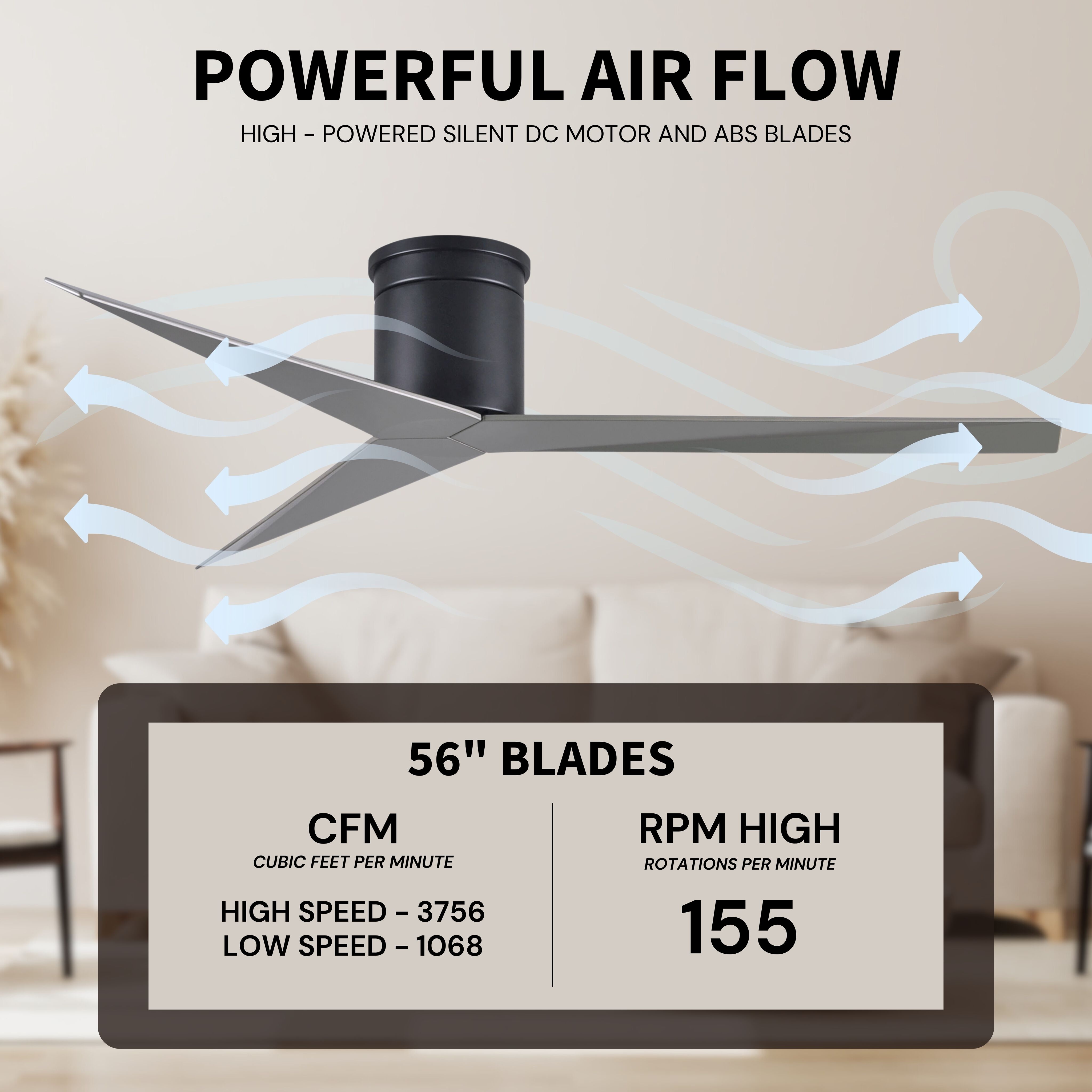 Atlas Eliza-H 56 inch Matte Black with Brushed Nickel Blades Flush Mount Ceiling Fan, Atlas