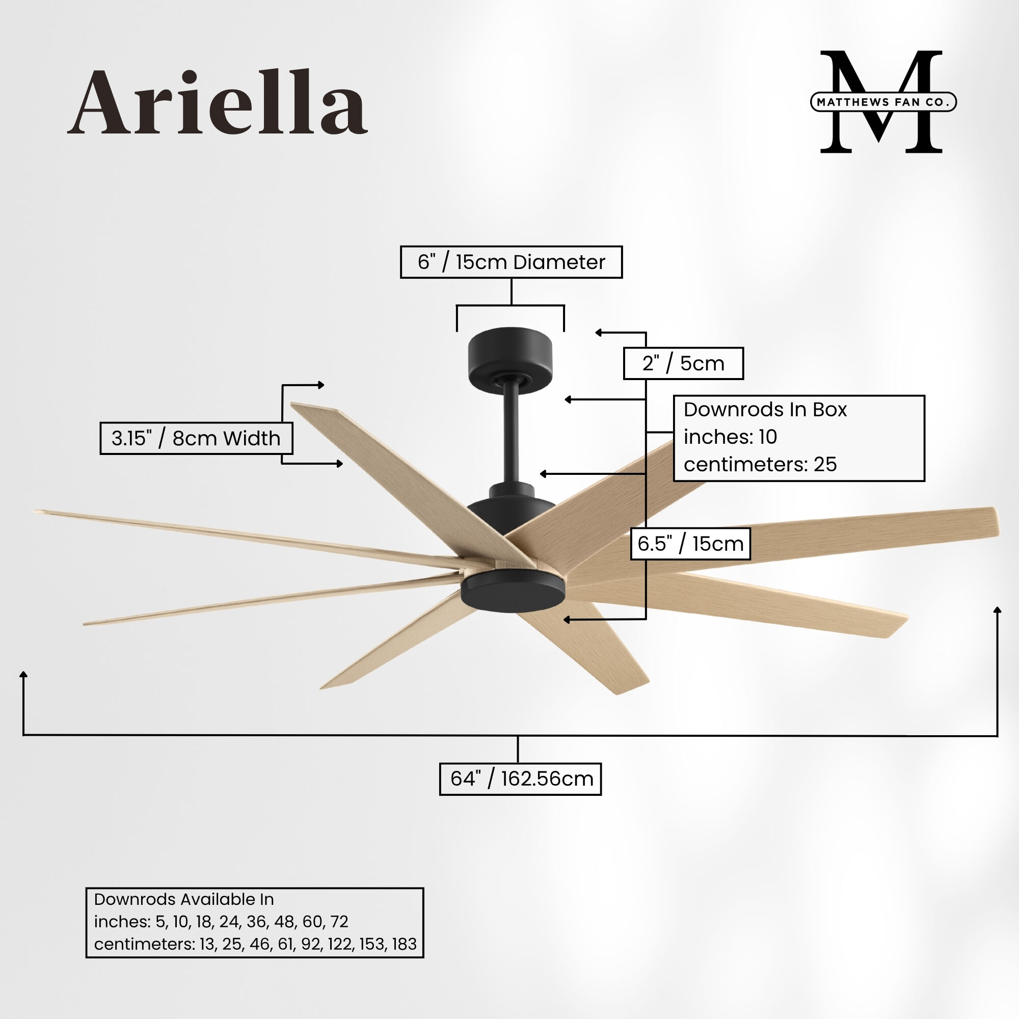 Atlas Ariella 64 inch Matte Black with Light Maple Tone Blades Ceiling Fan