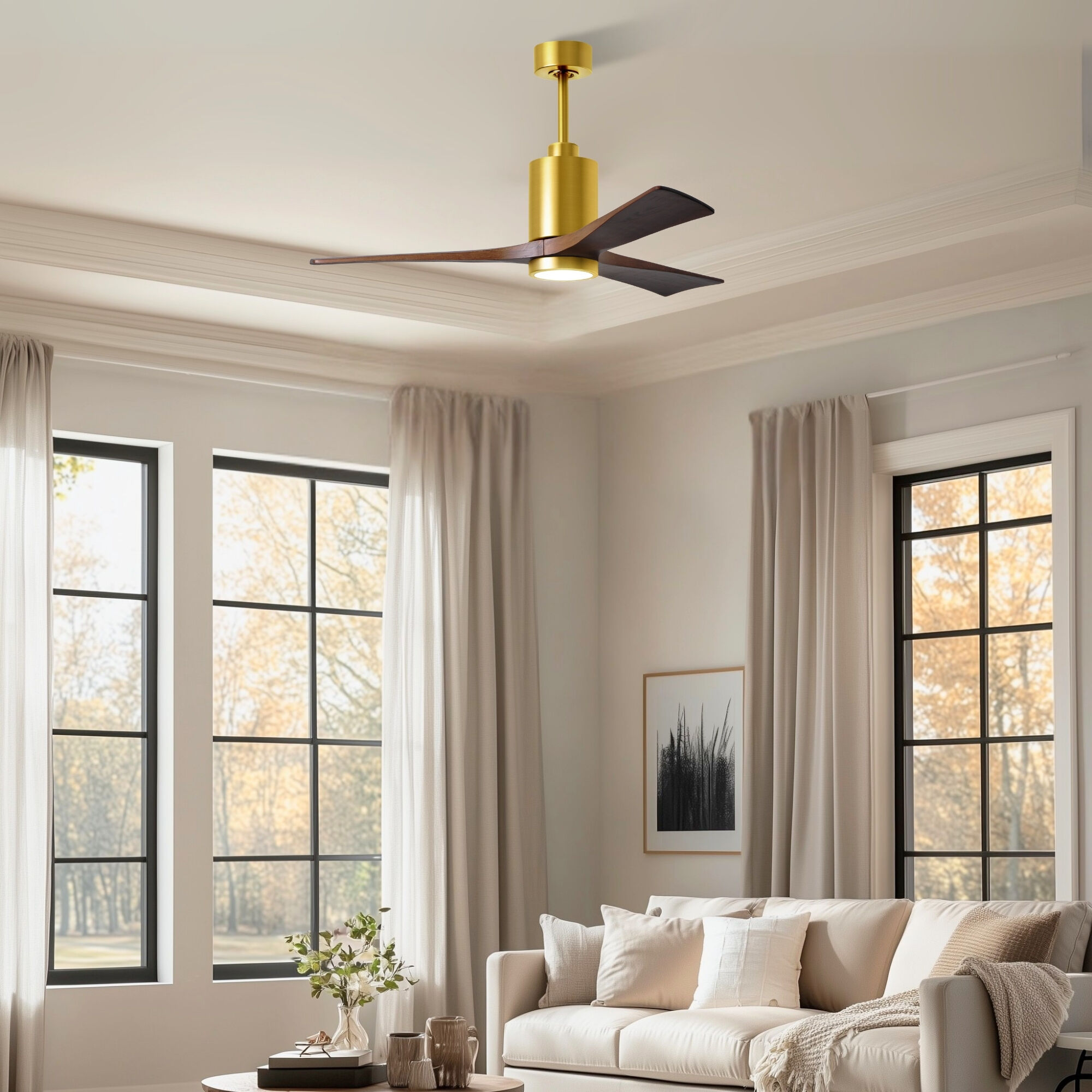 Atlas Patricia-3 52 inch Brushed Brass with Walnut Tone Blades Ceiling Fan