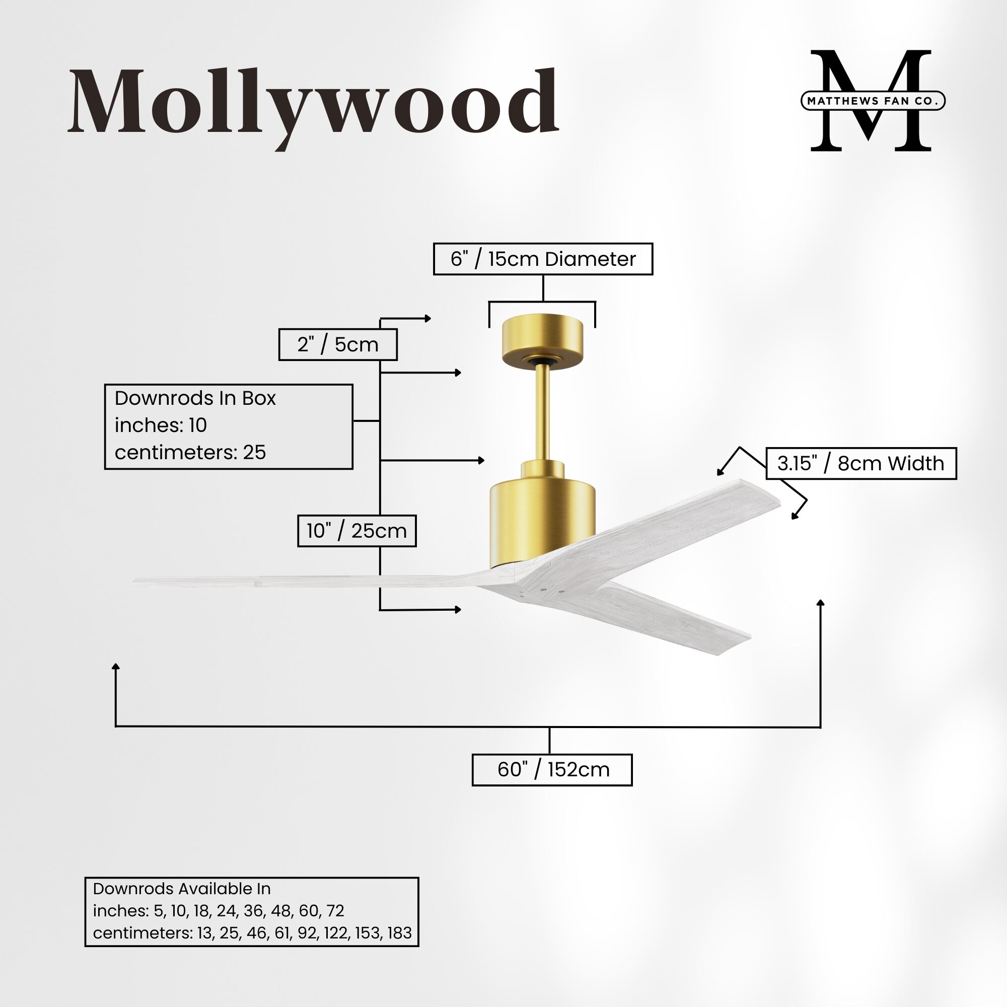Atlas Mollywood 60 inch Brushed Brass with Matte White Blades Ceiling Fan