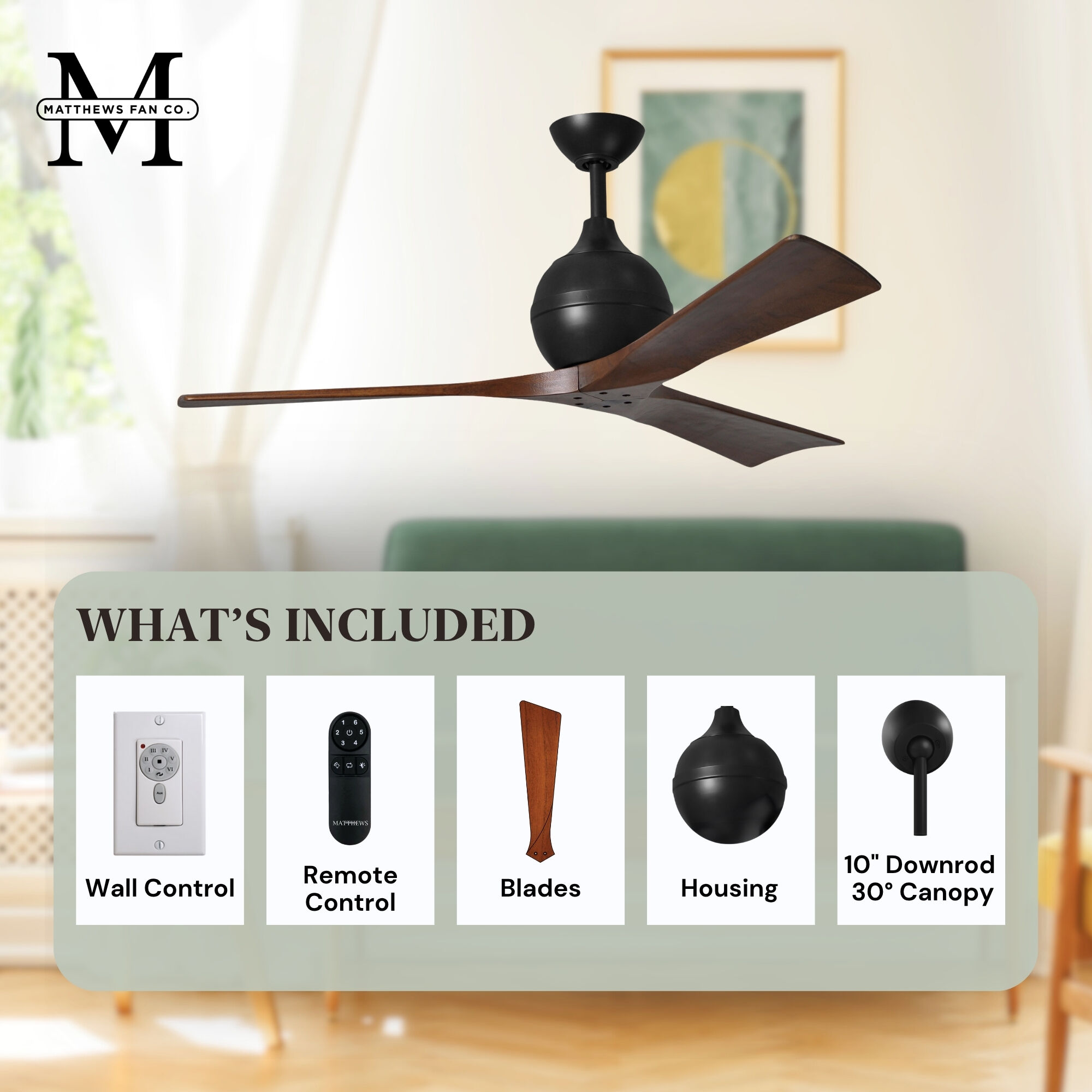 Atlas Irene-3 52 inch Matte Black with Walnut Tone Blades Paddle Fan, Paddle Fan