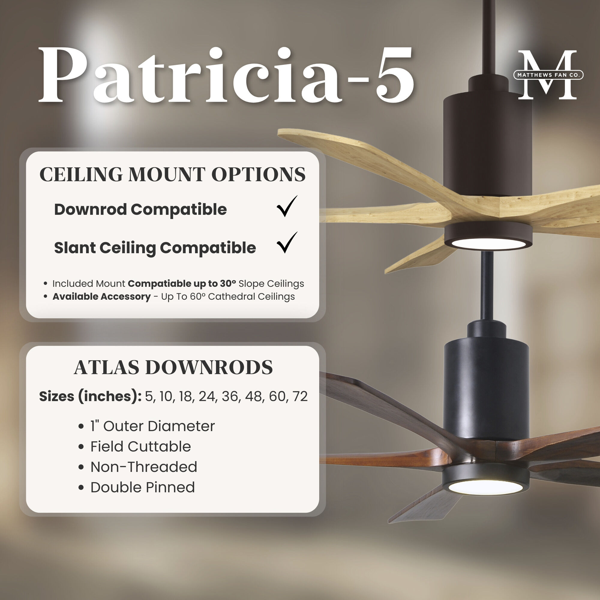 Atlas Patricia-5 60 inch Brushed Nickel with Barn Wood Tone Blades Ceiling Fan, Atlas