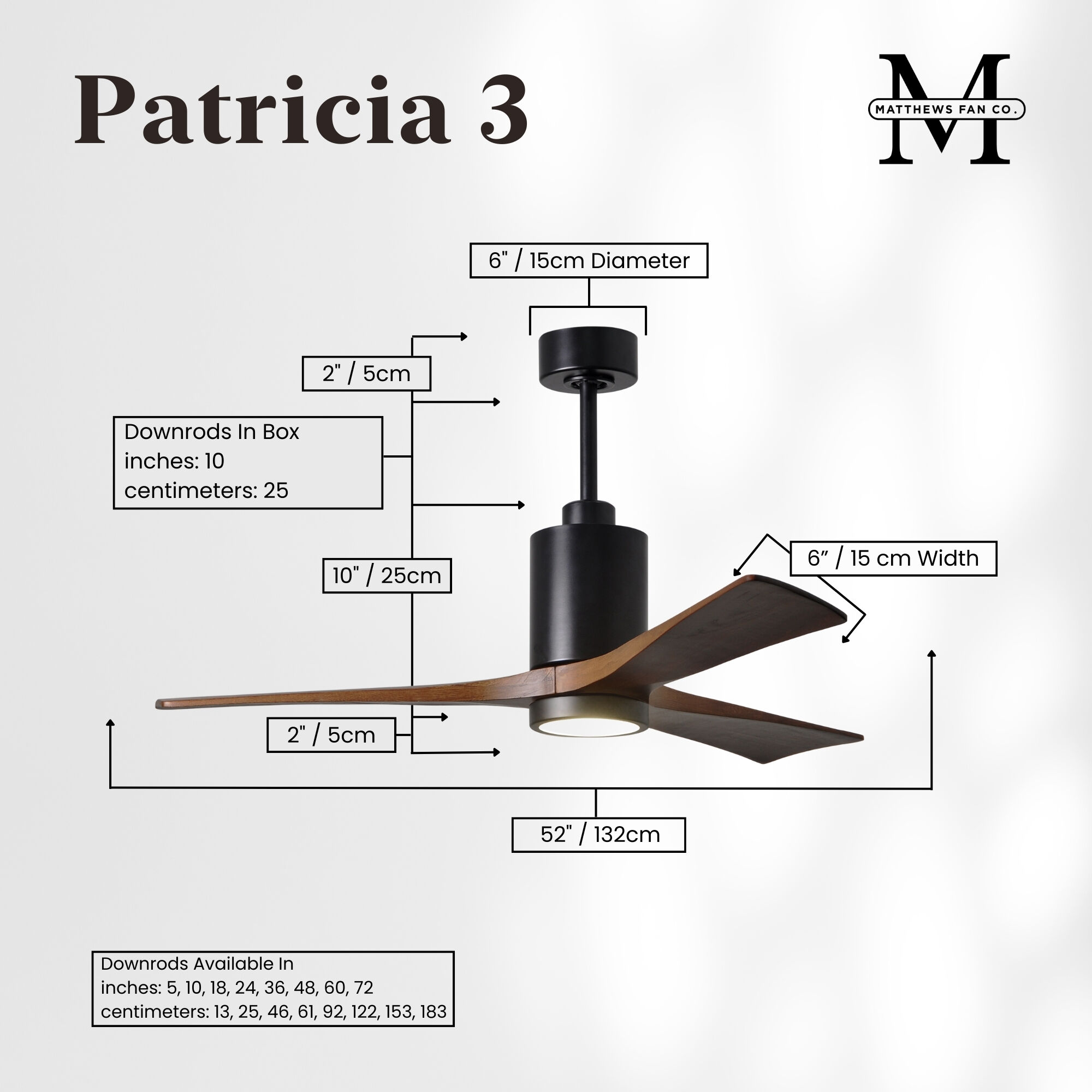 Atlas Patricia-3 52 inch Matte Black with Walnut Tone Blades Ceiling Fan, Atlas