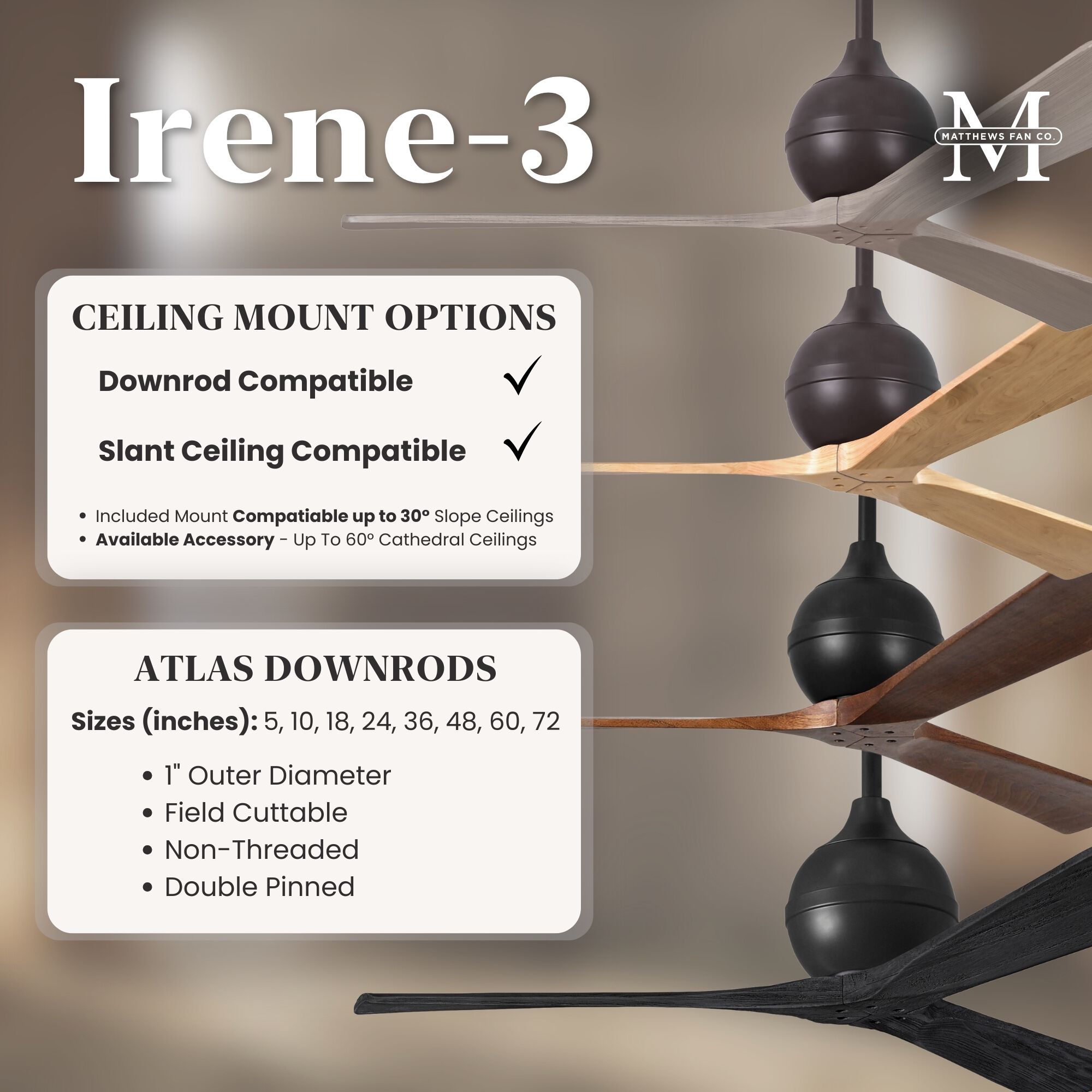 Atlas Irene-3 60 inch Textured Bronze with Matte Black Blades Paddle Fan, Atlas