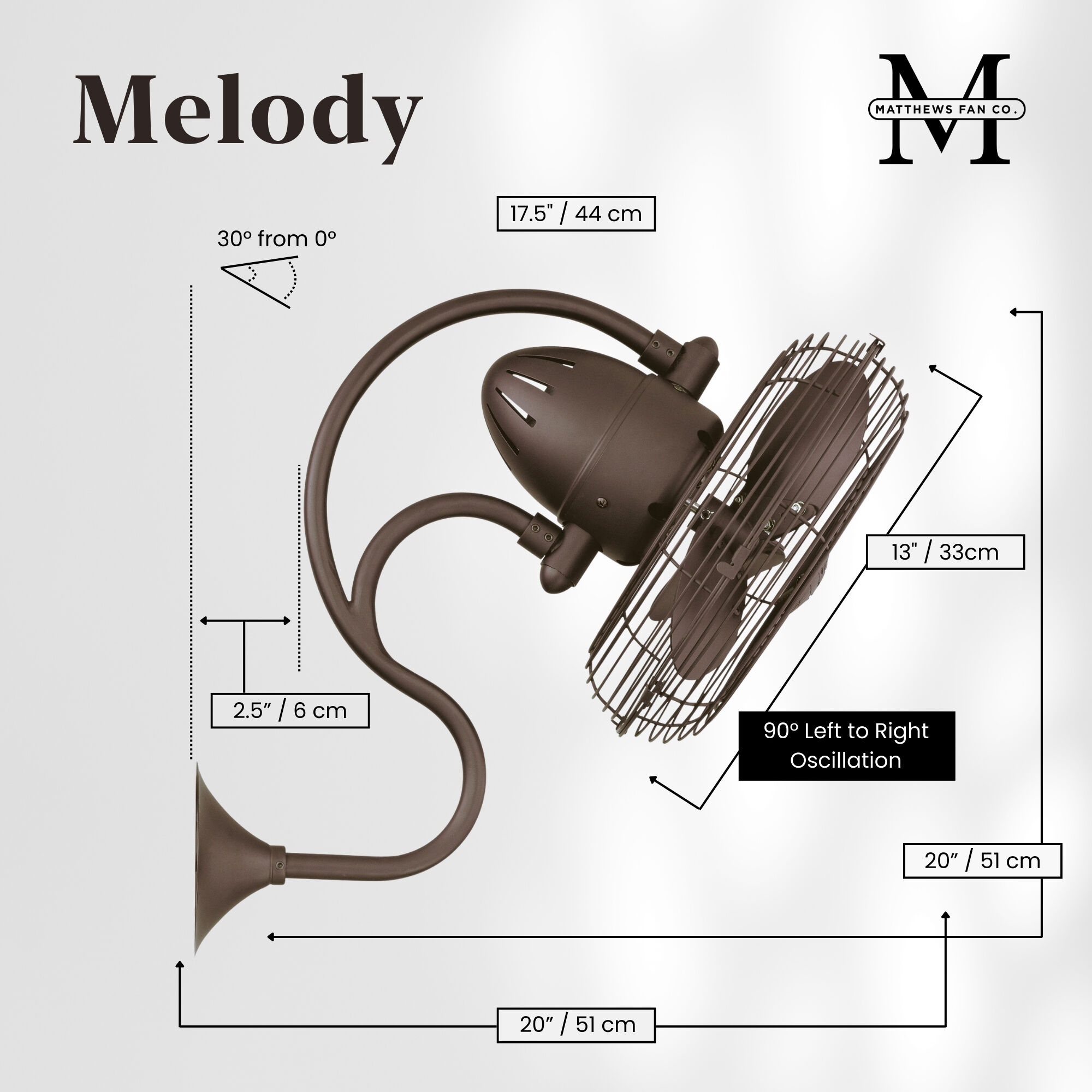 Atlas Melody 20 inch Textured Bronze Oscillating Wall Fan, Atlas