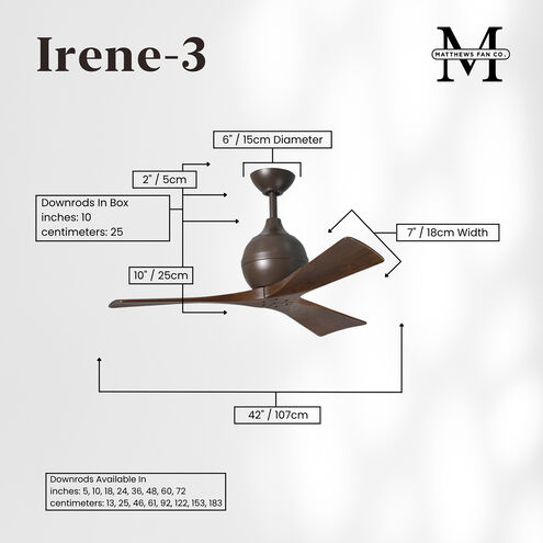 Atlas Irene-3 42 inch Textured Bronze with Walnut Tone Blades Ceiling Fan, Paddle Fan