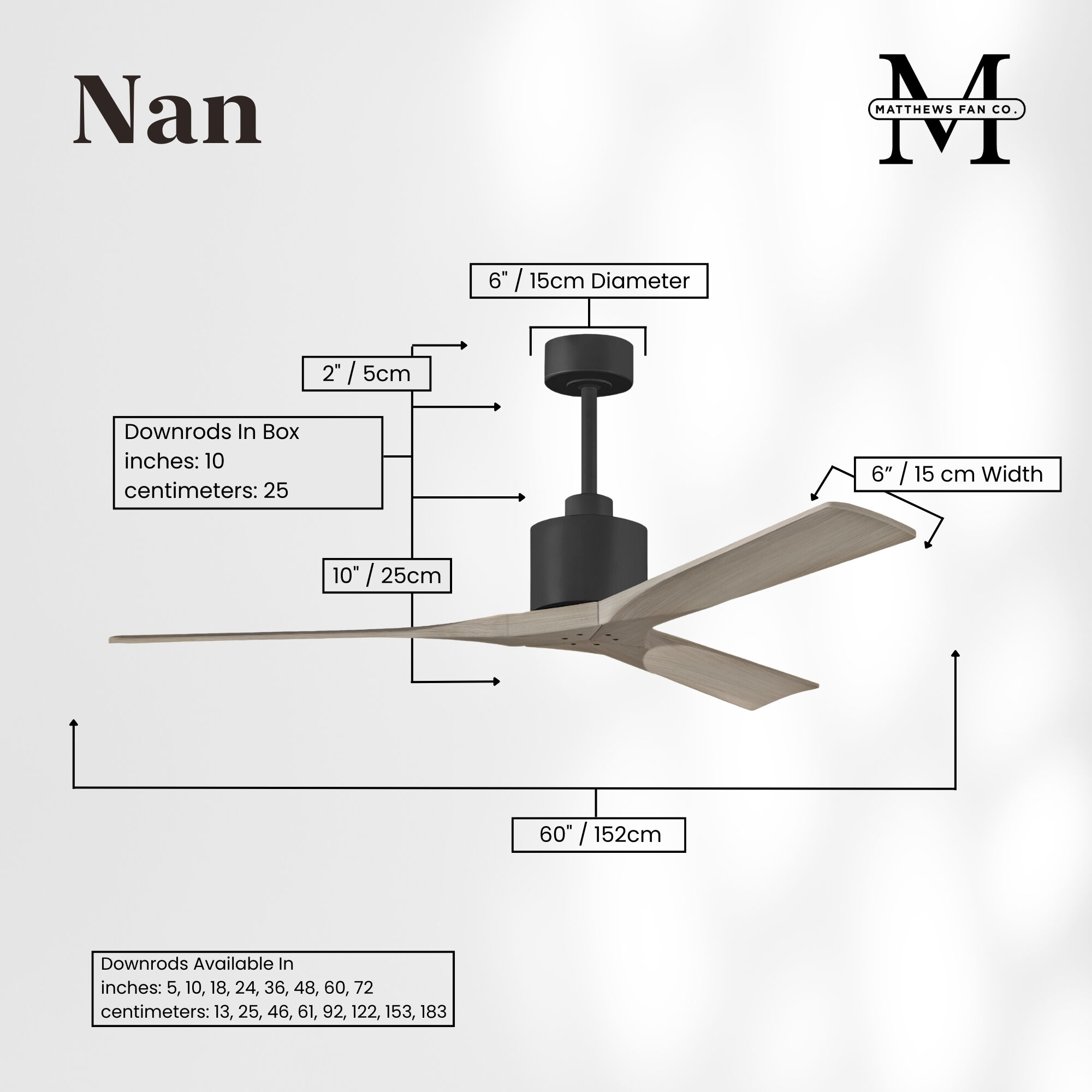 Atlas Nan 60 inch Matte Black with Gray Ash Tone Blades Ceiling Fan