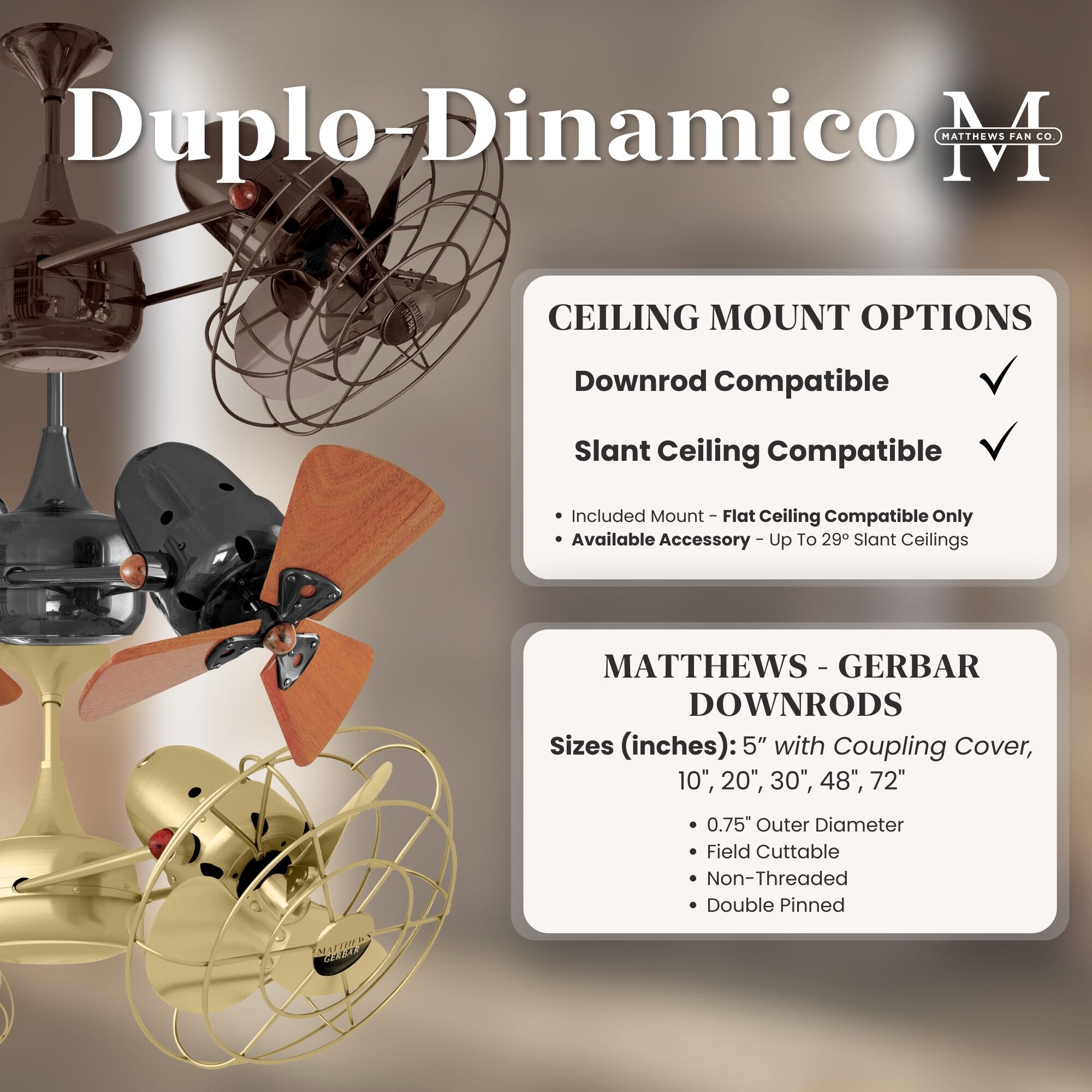 Matthews-Gerbar Duplo-Dinamico 13 inch Brushed Nickel Rotational Ceiling Fan, Matthews-Gerbar