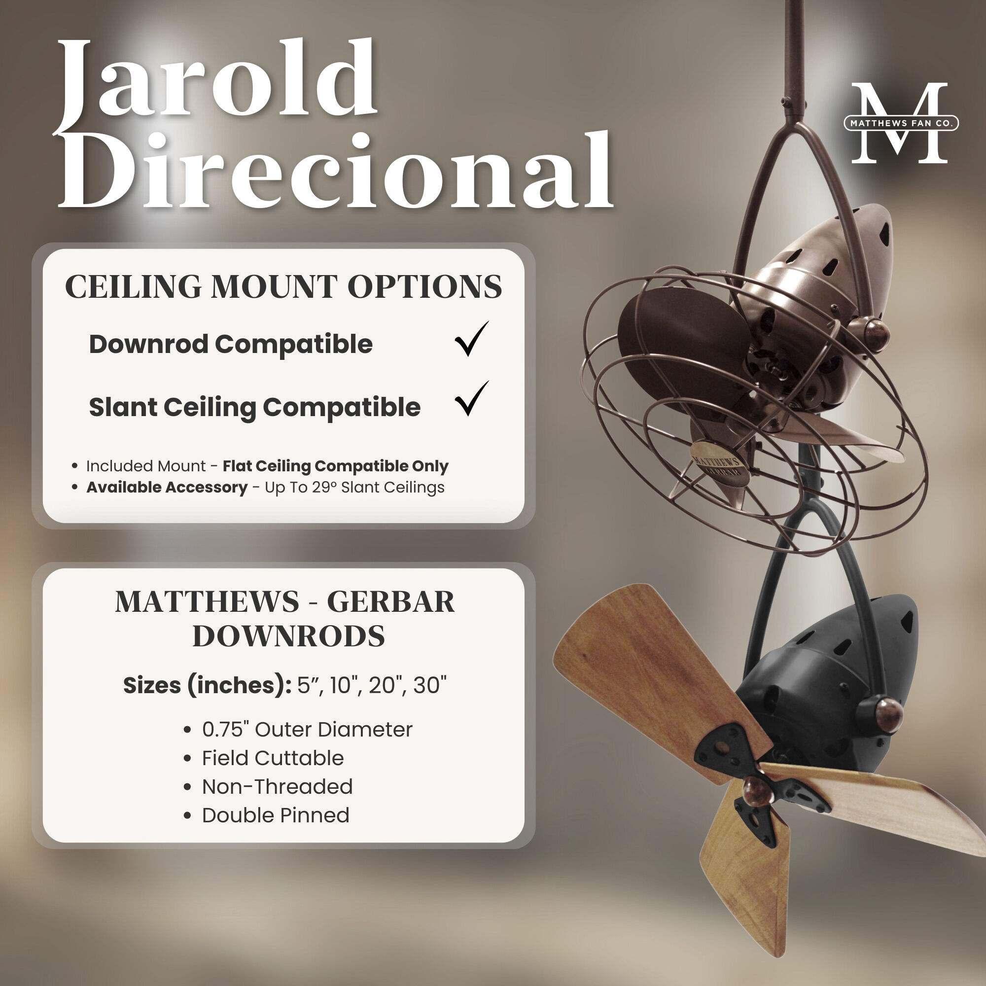 Matthews-Gerbar Jarold Direcional 16 inch Brushed Nickel with Solid Mahogany Wood Blades Directional Ceiling Fan, Matthews-Gerbar